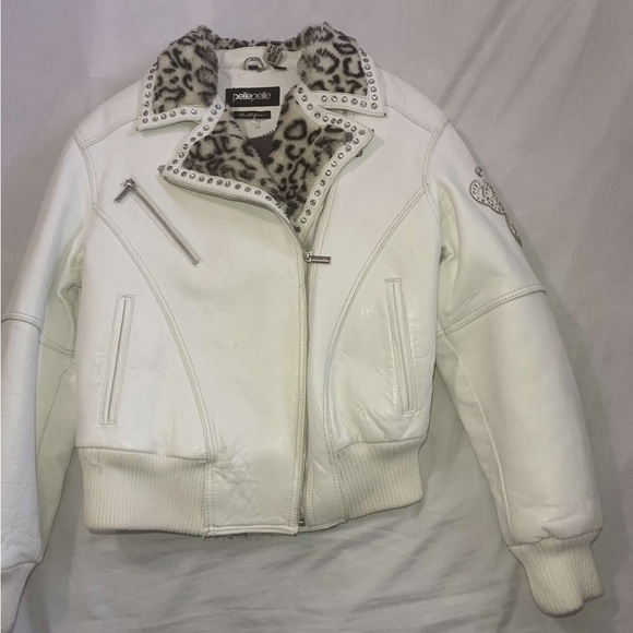 🤍 Pelle Pelle Women’s White Leather Jacket w/ Leopard Fur – Y2K